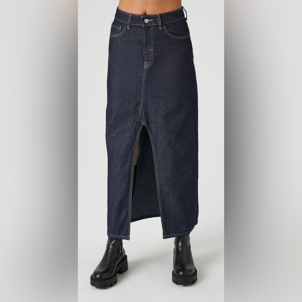 NWT Forever 21 Blue Denim Maxi Slit Skirt Pockets Western Casual Fall Med